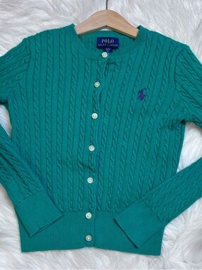 Polo Ralph Lauren Kelly Green Cable Knit Cardigan Girls Size S (7) Cotton Preppy